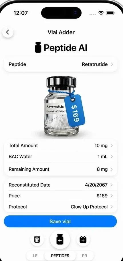 Peptide AI vial editor showing a Retatrutide vial with amount, BAC water, price, and protocol fields