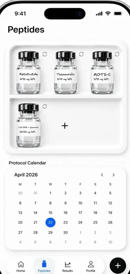Peptide AI peptides screen showing vial inventory and a protocol calendar